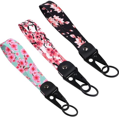 3 Pack Cherry Blossom Wristlet Keychain, Japanese Style Floral Lanyard Wrist Strap, Cute Flower Key Fob with Key Ring & Clip for Car Keys, Purse, Wallet (Pink, Green, Black) in Saudi Arabia