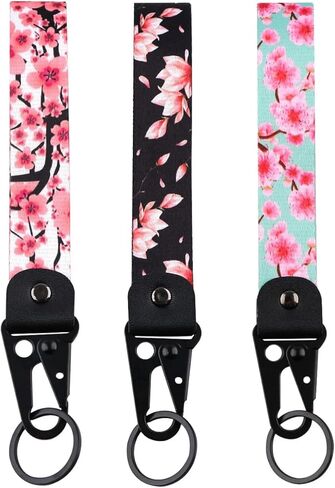 3 Pack Cherry Blossom Wristlet Keychain, Japanese Style Floral Lanyard Wrist Strap, Cute Flower Key Fob with Key Ring & Clip for Car Keys, Purse, Wallet (Pink, Green, Black) in Saudi Arabia