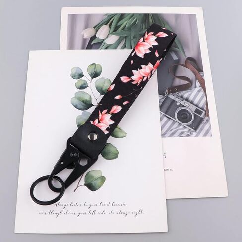 3 Pack Cherry Blossom Wristlet Keychain, Japanese Style Floral Lanyard Wrist Strap, Cute Flower Key Fob with Key Ring & Clip for Car Keys, Purse, Wallet (Pink, Green, Black) in Saudi Arabia