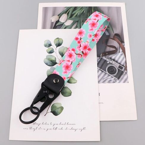 3 Pack Cherry Blossom Wristlet Keychain, Japanese Style Floral Lanyard Wrist Strap, Cute Flower Key Fob with Key Ring & Clip for Car Keys, Purse, Wallet (Pink, Green, Black) in Saudi Arabia