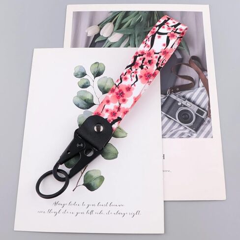 3 Pack Cherry Blossom Wristlet Keychain, Japanese Style Floral Lanyard Wrist Strap, Cute Flower Key Fob with Key Ring & Clip for Car Keys, Purse, Wallet (Pink, Green, Black) in Saudi Arabia