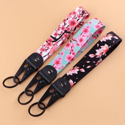 3 Pack Cherry Blossom Wristlet Keychain, Japanese Style Floral Lanyard Wrist Strap, Cute Flower Key Fob with Key Ring & Clip for Car Keys, Purse, Wallet (Pink, Green, Black) in Saudi Arabia