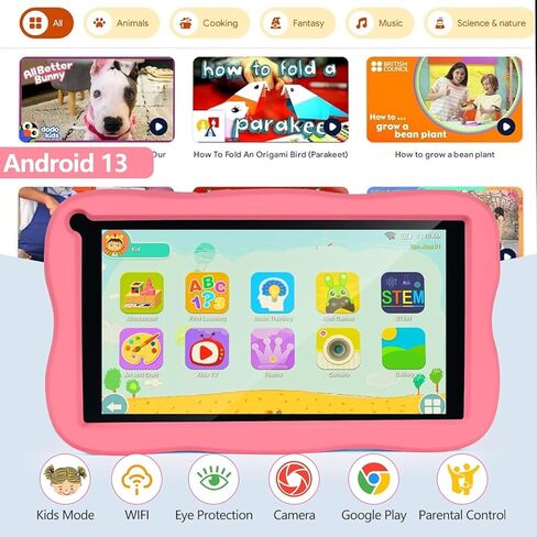 Kids Tablet 7 inch Android Tablet for Kids, 8GB RAM 64GB ROM 128GB Expand, Bluetooth, WiFi,with Shockproof Case-Pink in Saudi Arabia
