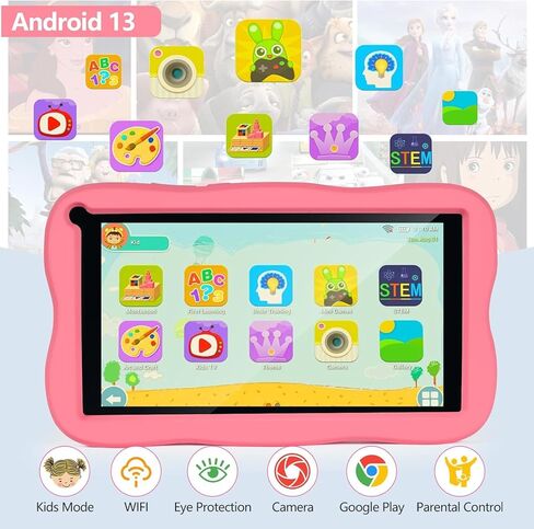Kids Tablet 7 inch Android Tablet for Kids, 8GB RAM 64GB ROM 128GB Expand, Bluetooth, WiFi,with Shockproof Case-Pink in Saudi Arabia