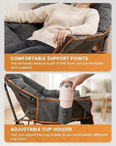 Upgrade Oversized Padded Camping Chair with Adjustable Cup Holder,Weight Capacity 400 LBS,Built-in Comfy Foam Armrest Supports,Heavy Duty Moon Leisure Folding Chair for Camping, Orange (2 Pack) in Saudi Arabia