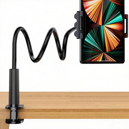 Gooseneck Tablet Stand Holder for Bed, Long Arm Clamp Clip Stand for Desk Table Kitchen Game, Flexible Foldable Adjustable for Phones and Tablets - Black in Saudi Arabia