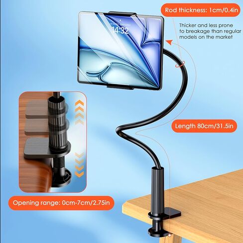 Gooseneck Tablet Stand Holder for Bed, Long Arm Clamp Clip Stand for Desk Table Kitchen Game, Flexible Foldable Adjustable for Phones and Tablets - Black in Saudi Arabia