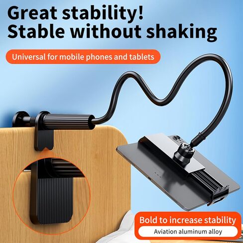 Gooseneck Tablet Stand Holder for Bed, Long Arm Clamp Clip Stand for Desk Table Kitchen Game, Flexible Foldable Adjustable for Phones and Tablets - Black in Saudi Arabia