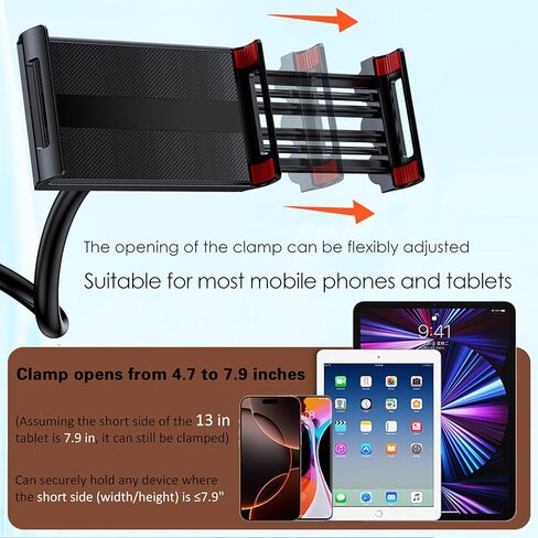 Gooseneck Tablet Stand Holder for Bed, Long Arm Clamp Clip Stand for Desk Table Kitchen Game, Flexible Foldable Adjustable for Phones and Tablets - Black in Saudi Arabia
