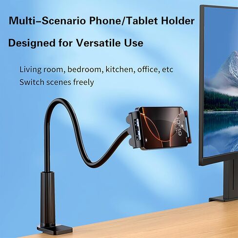 Gooseneck Tablet Stand Holder for Bed, Long Arm Clamp Clip Stand for Desk Table Kitchen Game, Flexible Foldable Adjustable for Phones and Tablets - Black in Saudi Arabia