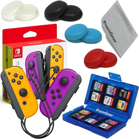 PremGear Neon Purple/Neon Orange Joy-Con (L-R) for Nintendo Switch, Thumb Grips (8 pack - Black, Blue, Red & Clear), 24 Slot Game Card Holder & Cleaning Cloth in Saudi Arabia
