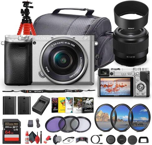 كاميرا سوني a6400 بدون مرآة مع عدسة 16-50 ملم f/3.5-5.6 II (فضي) (ILCE6400L/S) + عدسة سوني FE مقاس 50 ملم + برنامج صور + بطاقة ذاكرة سعة 64 جيجابايت + بطارية NP-FW50 + حقيبة كاميرا + شاحن + المزيد (متجددة) in Kuwait