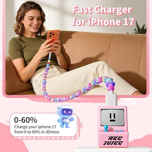 كابل USB إلى USB C مع كتلة شاحن، لشاحن iPhone 17 16 15، منفذين USB C شاحن حائط USB A شاحن كتلة 30 واط محول شحن سريع 3.3FT نجوم مطرز سلك شحن وحدة تحكم ألعاب ريترو in Saudi Arabia