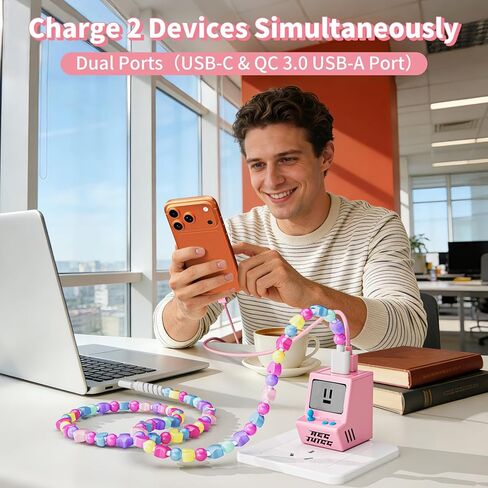 كابل USB إلى USB C مع كتلة شاحن، لشاحن iPhone 17 16 15، منفذين USB C شاحن حائط USB A شاحن كتلة 30 واط محول شحن سريع 3.3FT نجوم مطرز سلك شحن وحدة تحكم ألعاب ريترو in Saudi Arabia