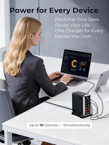 محطة شحن 10 منافذ GaN، 2X 140W PD3.1 USB-C شاحن سريع لأجهزة MacBook Pro وأجهزة الكمبيوتر المحمولة وiPhone وiPad - محور طاقة متعدد الأجهزة لسطح المكتب مع شريط RGB LED in Saudi Arabia