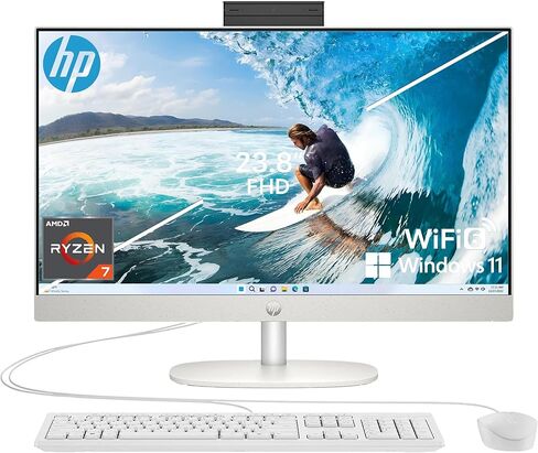 HP 2025 24" FHD All in one Desktop Computer Powerful Performance for Home & Office, AMD Ryzen 7 7730U, 64GB RAM, 1TB PCIe SSD, Dual Speakers, Slim Bezel, Wi-Fi 6, HDMI, Bluetooth, White, Windows 11 in Saudi Arabia