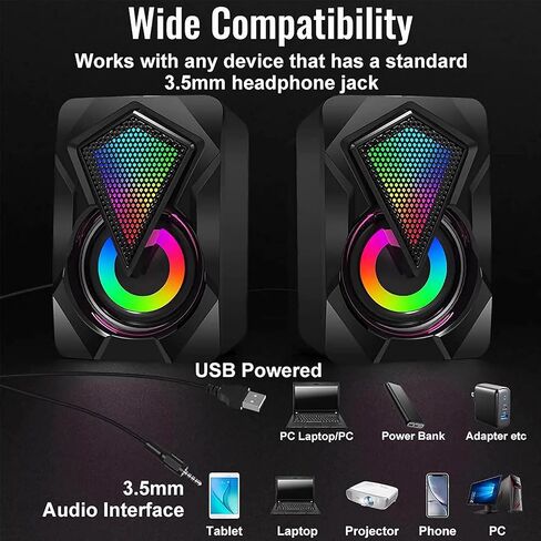سماعات الكمبيوتر X2 مكبر صوت سلكي للكمبيوتر الشخصي 2.0 USB للألعاب، ستيريو صغير للوسائط المتعددة، التحكم في مستوى الصوت مع أضواء RGB، مدخل Aux 3.5 مم للهواتف والأجهزة اللوحية والكمبيوتر المحمول in Kuwait