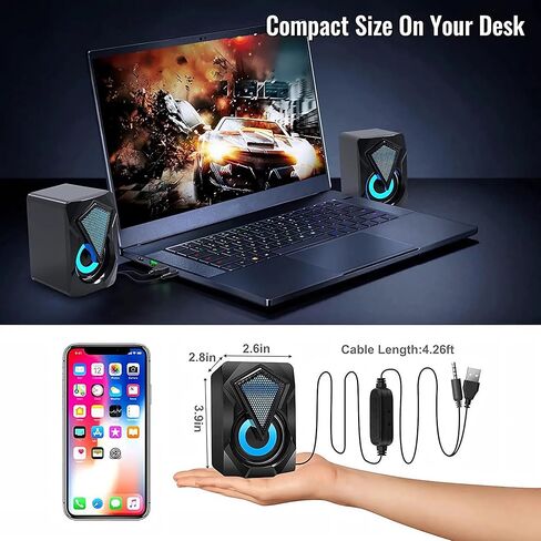 سماعات الكمبيوتر X2 مكبر صوت سلكي للكمبيوتر الشخصي 2.0 USB للألعاب، ستيريو صغير للوسائط المتعددة، التحكم في مستوى الصوت مع أضواء RGB، مدخل Aux 3.5 مم للهواتف والأجهزة اللوحية والكمبيوتر المحمول in Kuwait