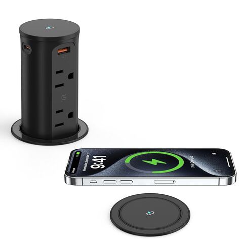 منفذ منبثق للكونترتوب مع وسادة شحن لاسلكية بقدرة 15 وات، و20 وات USB C، وشريط طاقة مجوف بفتحة 2.5 بوصة، ومقبس مقاوم للعبث، و4 منافذ USB، و4 منافذ للمطبخ، ومكتب المكتب، ومدرج ETL (أبيض) in Kuwait