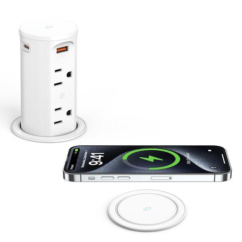 Pop Up Outlet for Countertop with 15W Wireless Charging Pad,20W USB C,Recessed Power Strip 2.5-Inch Hole,Tamper Resistant Receptacle,4 USB,4 Outlets for Kitchen,Office Desk,ETL Listed (White) in Kuwait