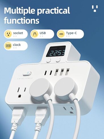 Multifunctional Power Socket with Multi-Port Extension: 6 AC Sockets, 5 USB Ports (2 USB-C), an Independent Switches and a Time Display, Ideal for Schools, Studios, Workshops, Etc. White in Saudi Arabia