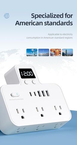 Multifunctional Power Socket with Multi-Port Extension: 6 AC Sockets, 5 USB Ports (2 USB-C), an Independent Switches and a Time Display, Ideal for Schools, Studios, Workshops, Etc. White in Saudi Arabia
