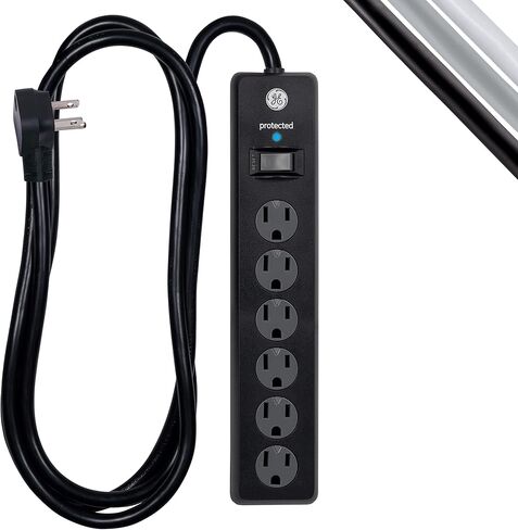 GE 6-Outlet Surge Protector، عبوتان، سلك تمديد بطول 6 أقدام، شريط طاقة، 800 جول، قابس مسطح، أغطية أمان ملتوية للإغلاق، ضوء مؤشر محمي، مدرج في قائمة UL، أسود، 54654 in Saudi Arabia