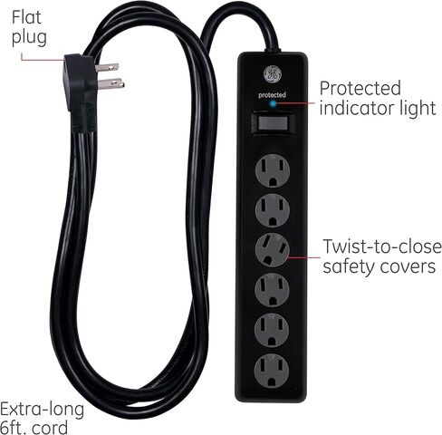 GE 6-Outlet Surge Protector، عبوتان، سلك تمديد بطول 6 أقدام، شريط طاقة، 800 جول، قابس مسطح، أغطية أمان ملتوية للإغلاق، ضوء مؤشر محمي، مدرج في قائمة UL، أسود، 54654 in Saudi Arabia