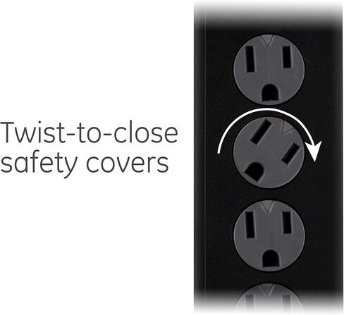 GE 6-Outlet Surge Protector، عبوتان، سلك تمديد بطول 6 أقدام، شريط طاقة، 800 جول، قابس مسطح، أغطية أمان ملتوية للإغلاق، ضوء مؤشر محمي، مدرج في قائمة UL، أسود، 54654 in Saudi Arabia