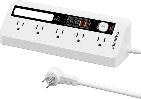 واقي التيار الكهربائي، 5 منافذ مع شحن PD65W (2 USB-A 2 USB-C) مع ضوء ليلي، سلك مدرج ETL بطول 6 أقدام، للمنزل والمكتب واختبار UL الأساسي (PD35W-أسود) in Kuwait