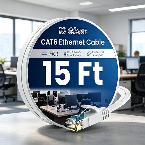 Cat 6 Ethernet Cable Flat Internet Network Patch Cord Pure Copper Wire Snagless RJ45 Connectors Indoor Outdoor PC Gaming Home Router Accessories 15ft White in Saudi Arabia