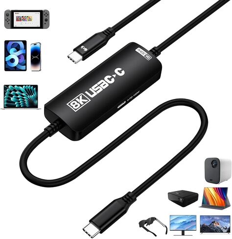 محول Guermok USB-C إلى AR، 8K@30 هرتز / 4K@144 هرتز / 1080P@240 هرتز، كابل فيديو USB C إلى USBC بطول 3.93 قدم مع PD 3.0، سويتش 2/1 TV Dock، لنظارات AR والشاشات المحمولة وشاشات العرض من النوع C (أسود) in Kuwait