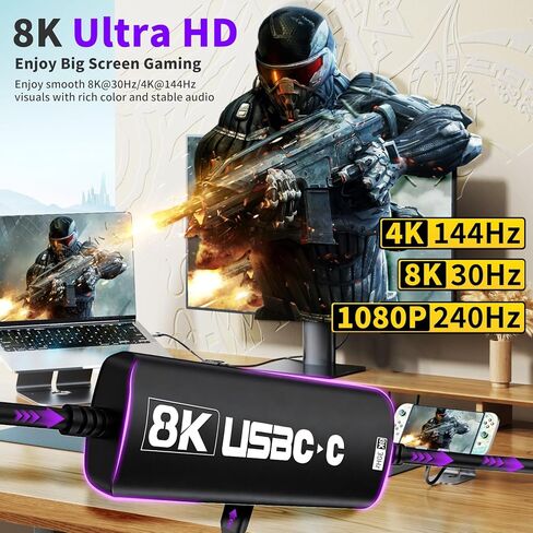 محول Guermok USB-C إلى AR، 8K@30 هرتز / 4K@144 هرتز / 1080P@240 هرتز، كابل فيديو USB C إلى USBC بطول 3.93 قدم مع PD 3.0، سويتش 2/1 TV Dock، لنظارات AR والشاشات المحمولة وشاشات العرض من النوع C (أسود) in Kuwait