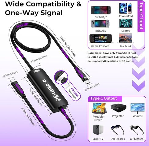 محول Guermok USB-C إلى AR، 8K@30 هرتز / 4K@144 هرتز / 1080P@240 هرتز، كابل فيديو USB C إلى USBC بطول 3.93 قدم مع PD 3.0، سويتش 2/1 TV Dock، لنظارات AR والشاشات المحمولة وشاشات العرض من النوع C (أسود) in Kuwait