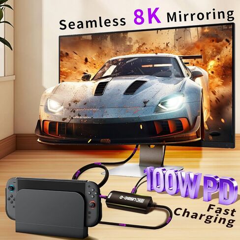 محول Guermok USB-C إلى AR، 8K@30 هرتز / 4K@144 هرتز / 1080P@240 هرتز، كابل فيديو USB C إلى USBC بطول 3.93 قدم مع PD 3.0، سويتش 2/1 TV Dock، لنظارات AR والشاشات المحمولة وشاشات العرض من النوع C (أسود) in Kuwait