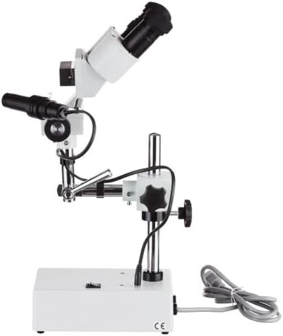 مجهر ستيريو ثنائي العينين AmScope SE410Z-LED - تكبير 10X و20X، حامل ذراع واحد، مسافة عمل طويلة 6 بوصات، ضوء LED معقوفة، للحام الدقيق وإصلاح ثنائي الفينيل متعدد الكلور in Saudi Arabia