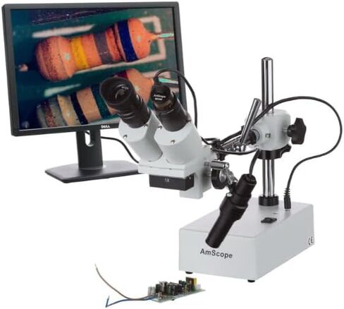 مجهر ستيريو ثنائي العينين AmScope SE410Z-LED - تكبير 10X و20X، حامل ذراع واحد، مسافة عمل طويلة 6 بوصات، ضوء LED معقوفة، للحام الدقيق وإصلاح ثنائي الفينيل متعدد الكلور in Saudi Arabia