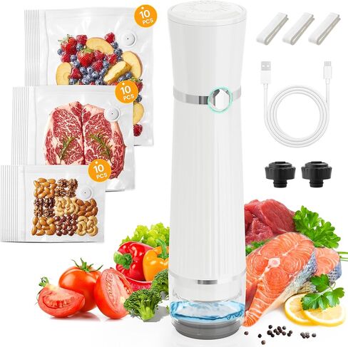 Vacuum Sealer for Food with 30 Reusable Vacuum Bags, Automatic Pressure Detection, Handheld Vacuum Sealer, Portable & Compact, White in Kuwait