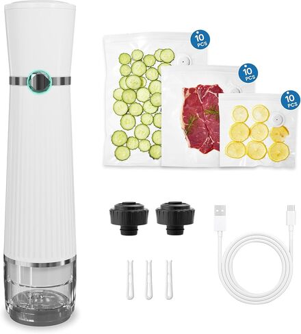 Vacuum Sealer for Food with 30 Reusable Vacuum Bags, Automatic Pressure Detection, Handheld Vacuum Sealer, Portable & Compact, White in Kuwait