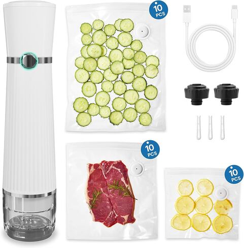 Vacuum Sealer for Food with 30 Reusable Vacuum Bags, Automatic Pressure Detection, Handheld Vacuum Sealer, Portable & Compact, White in Kuwait