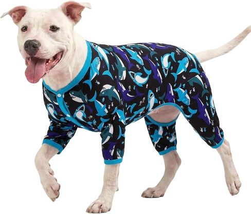 ملابس LovinPet Dog Pitbull للكلاب - تخفيف قلق الحيوانات الأليفة، بيجامة للكلاب مضادة للتساقط، قماش خفيف الوزن وقابل للتمدد، طباعة بيضاء مرحبًا بها الحوت، ملابس Pjs للكلاب الكبيرة، ملابس Pitbull طوال الموسم / 3XL in Saudi Arabia