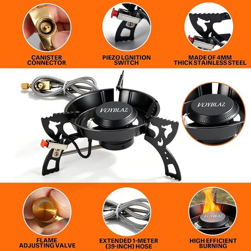 Camping Stove - Made of 4mm Carbon Steel, Featuring Piezoelectric Ignition and a 39-Inch Hose, Ideal for Backpacking, Hiking, and Outdoor Cooking in Saudi Arabia