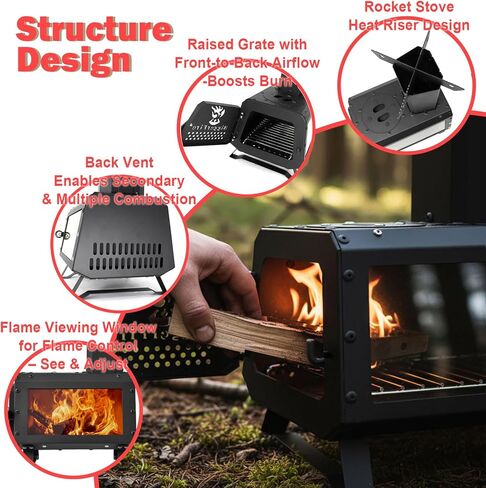 Portable Wood Burning Rocket Stove,Compact Camping Wood Stove with X-shaped Pot Holder,Air damper,Three-sided Air Vents,Large Firebox,Tent Wood Burning Stoves for Camping Heating and Outdoor Cooking in Saudi Arabia