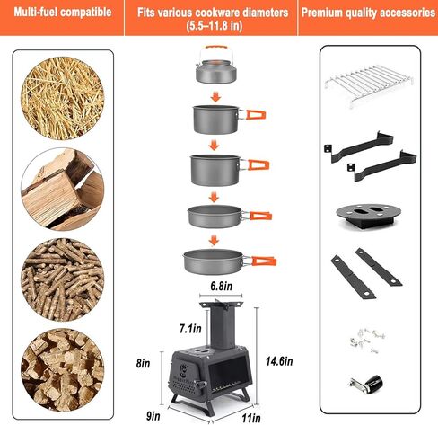 Portable Wood Burning Rocket Stove,Compact Camping Wood Stove with X-shaped Pot Holder,Air damper,Three-sided Air Vents,Large Firebox,Tent Wood Burning Stoves for Camping Heating and Outdoor Cooking in Saudi Arabia