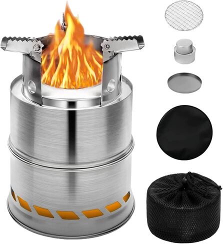 Portable Foldable Multi-Fuel Camping Stove, Wood/Charcoal/Eco-Friendly Alcohol Canisters Compatible, Compact for Hiking Backpacking Survival Gear- Includes Grill Mesh, Alcohol Can & Heat Mat in Saudi Arabia