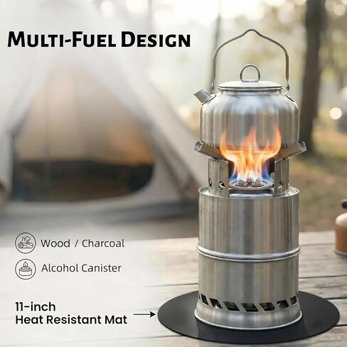 Portable Foldable Multi-Fuel Camping Stove, Wood/Charcoal/Eco-Friendly Alcohol Canisters Compatible, Compact for Hiking Backpacking Survival Gear- Includes Grill Mesh, Alcohol Can & Heat Mat in Saudi Arabia