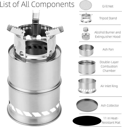 Portable Foldable Multi-Fuel Camping Stove, Wood/Charcoal/Eco-Friendly Alcohol Canisters Compatible, Compact for Hiking Backpacking Survival Gear- Includes Grill Mesh, Alcohol Can & Heat Mat in Saudi Arabia