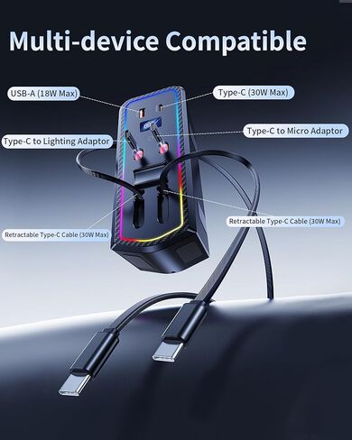 شاحن سيارة USB Hub مع ضوء RGB لملحقات Toyota Camry 2024 2025 2026، محطة إرساء 4 منافذ مع كابل قابل للسحب، مركز شحن سريع للهاتف الخلوي لملحقات Camry Se/Xse الهجينة in Saudi Arabia