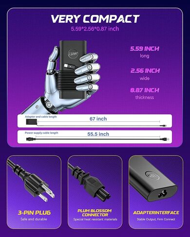محول تيار متردد لشاحن الكمبيوتر المحمول USB-C بقوة 130 واط متوافق مع Dell XPS 15، 17، 9500، 9510، 9520، 9530، 9700، 9710، 9720، Precision 5550، 5560، 5570، 5530، 5750، 5760، Latitude 5410، 5510، 5520، 5431 سلك الطاقة in Saudi Arabia