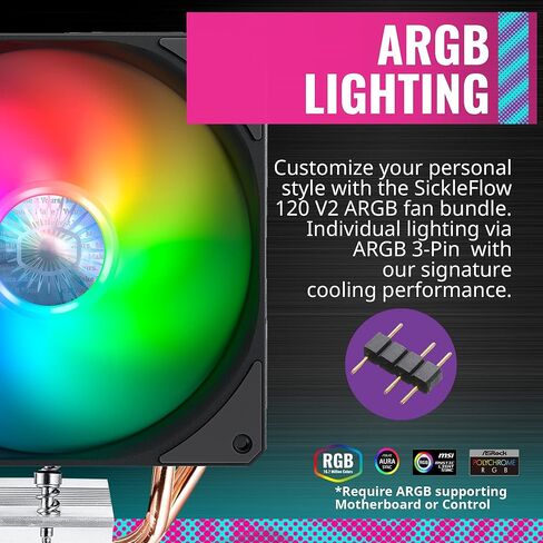 مبرد هواء وحدة المعالجة المركزية Cooler Master Hyper 212 EVO V2، حزمة SickleFlow 120 V2 ARGB، 4 أنابيب حرارية نحاسية للاتصال المباشر، مصابيح LED قابلة للتخصيص ARGB 3-Pin، مروحة PWM، لـ AMD Ryzen/Intel LGA1700/1200 in Saudi Arabia